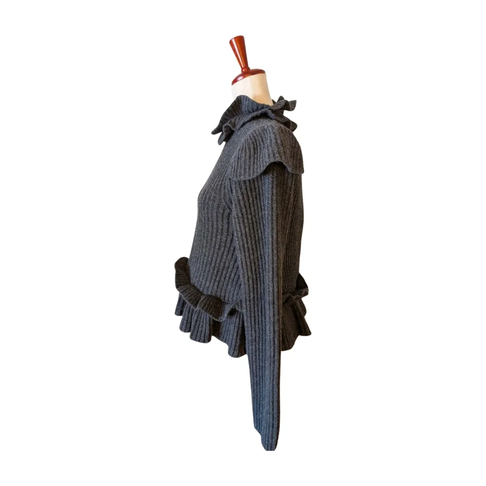 Ganni Gray Ribbed & Ruffled Sweater - Picture 3 of 9